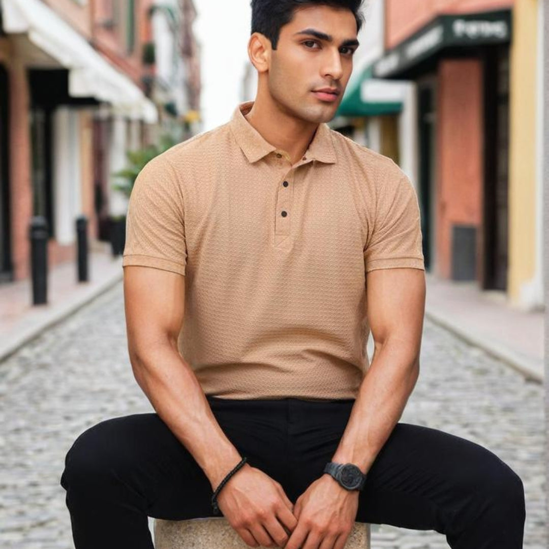 Textured Polo T-shirt for Men Beige