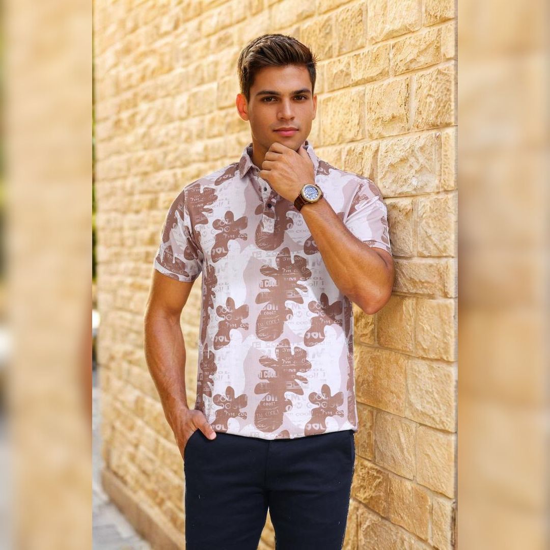Printed 3 Button Polo T-shirt for Men Brown