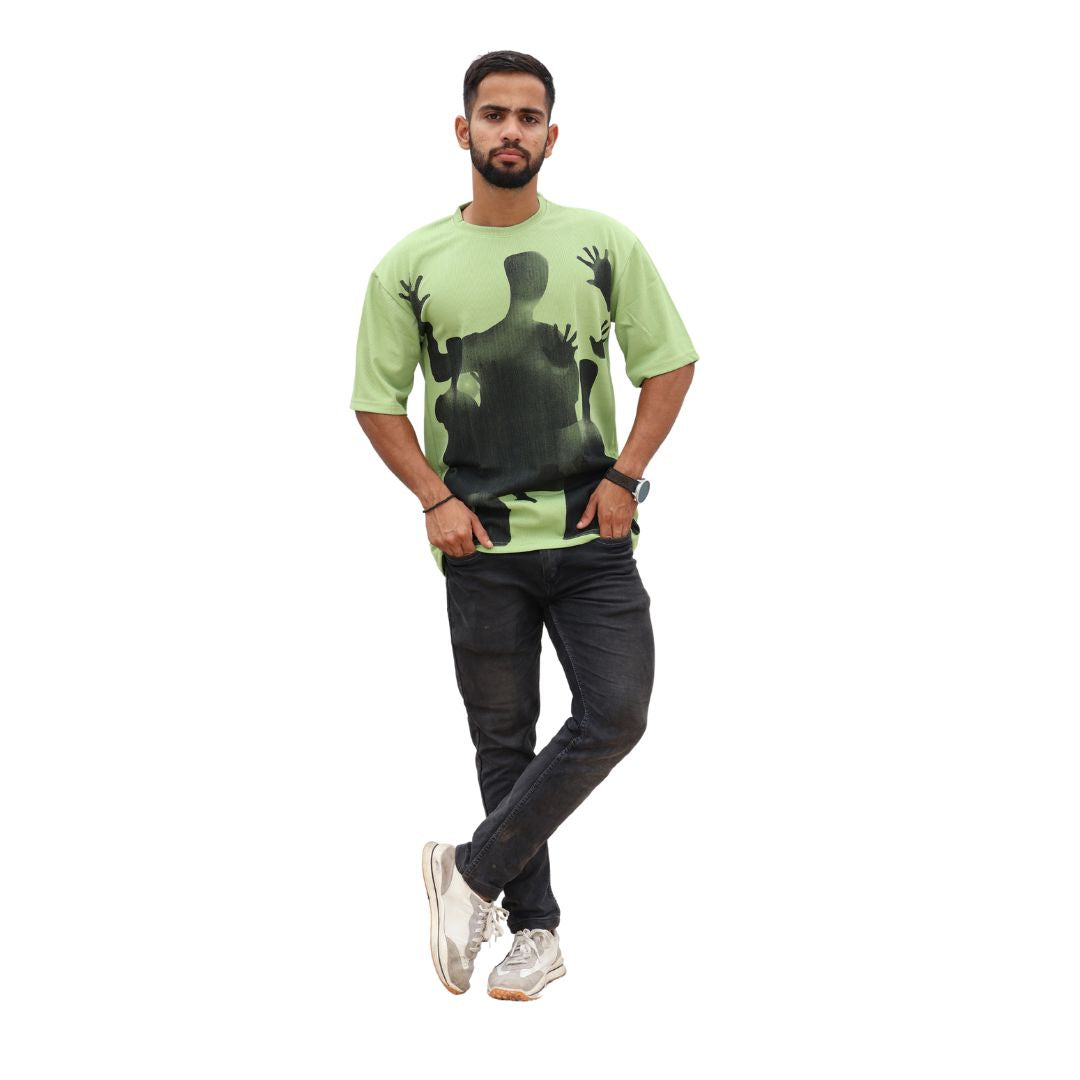 Men Textured Printed Oversized T-shirt Green