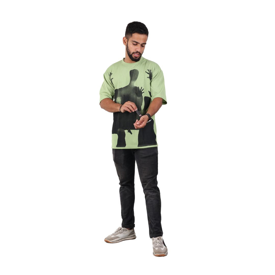 Men Textured Printed Oversized T-shirt Green