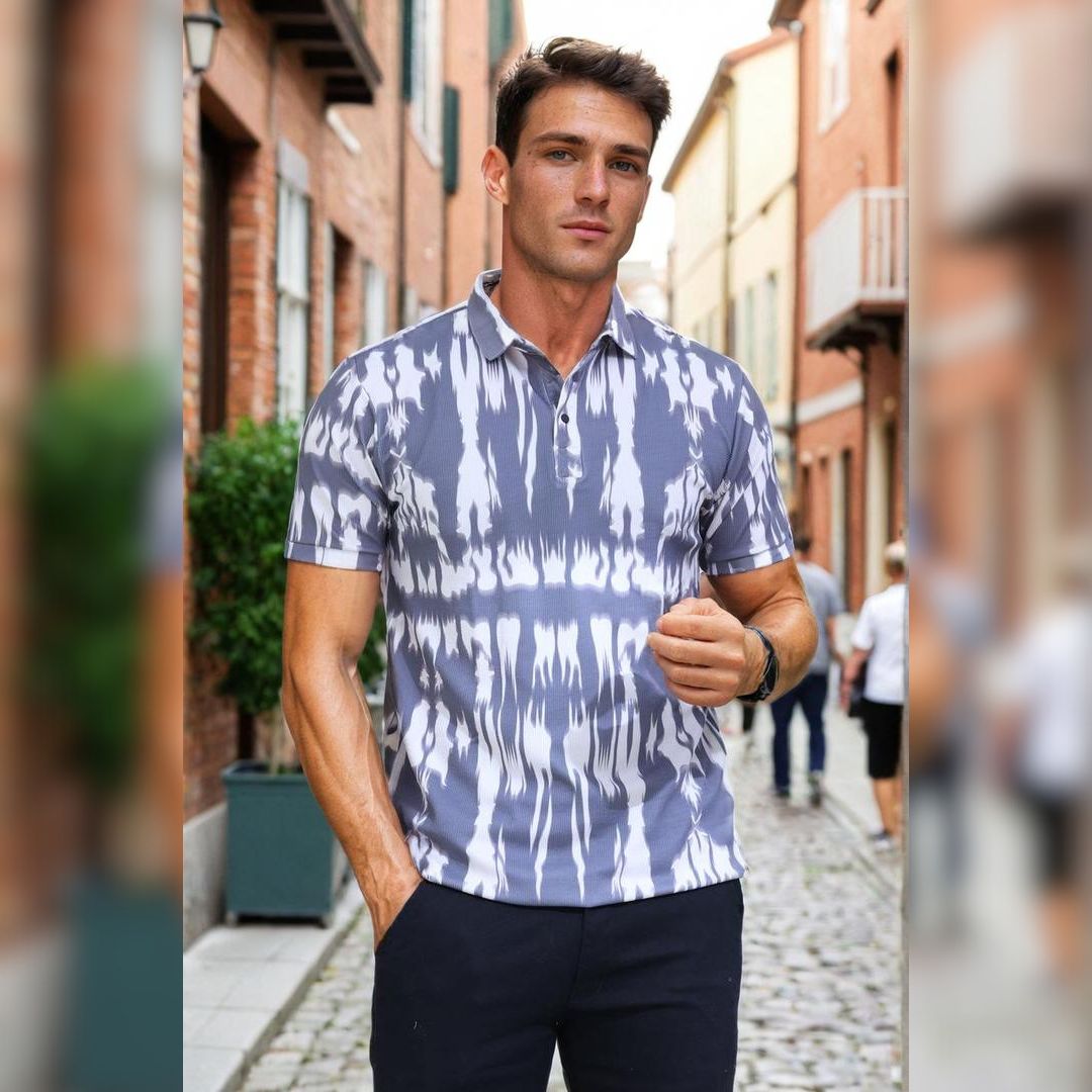 Printed 3 Button Polo T-shirt for Men Grey