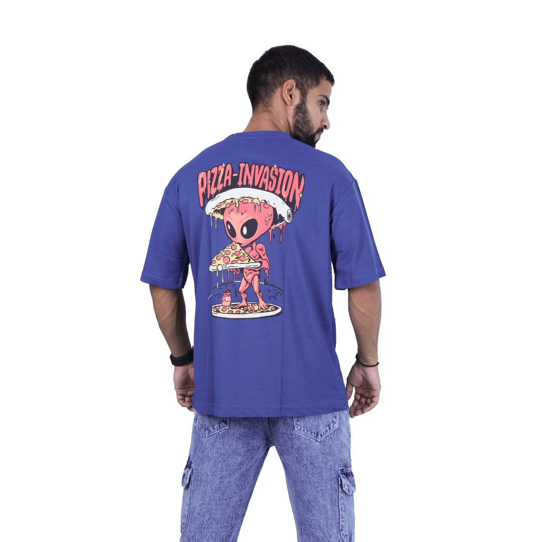 Blue Pizza Invasion Back Print Oversized T-shirt