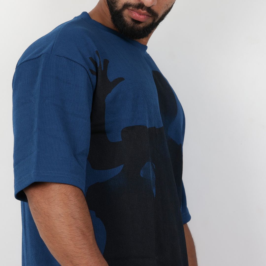 Men Textured Printed Oversized T-shirt Blue