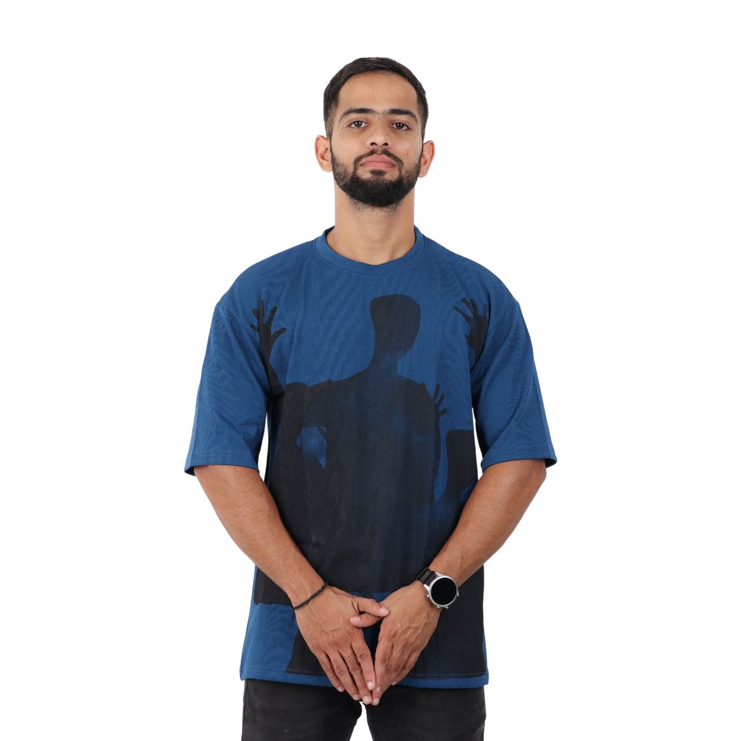 Men Textured Printed Oversized T-shirt Blue