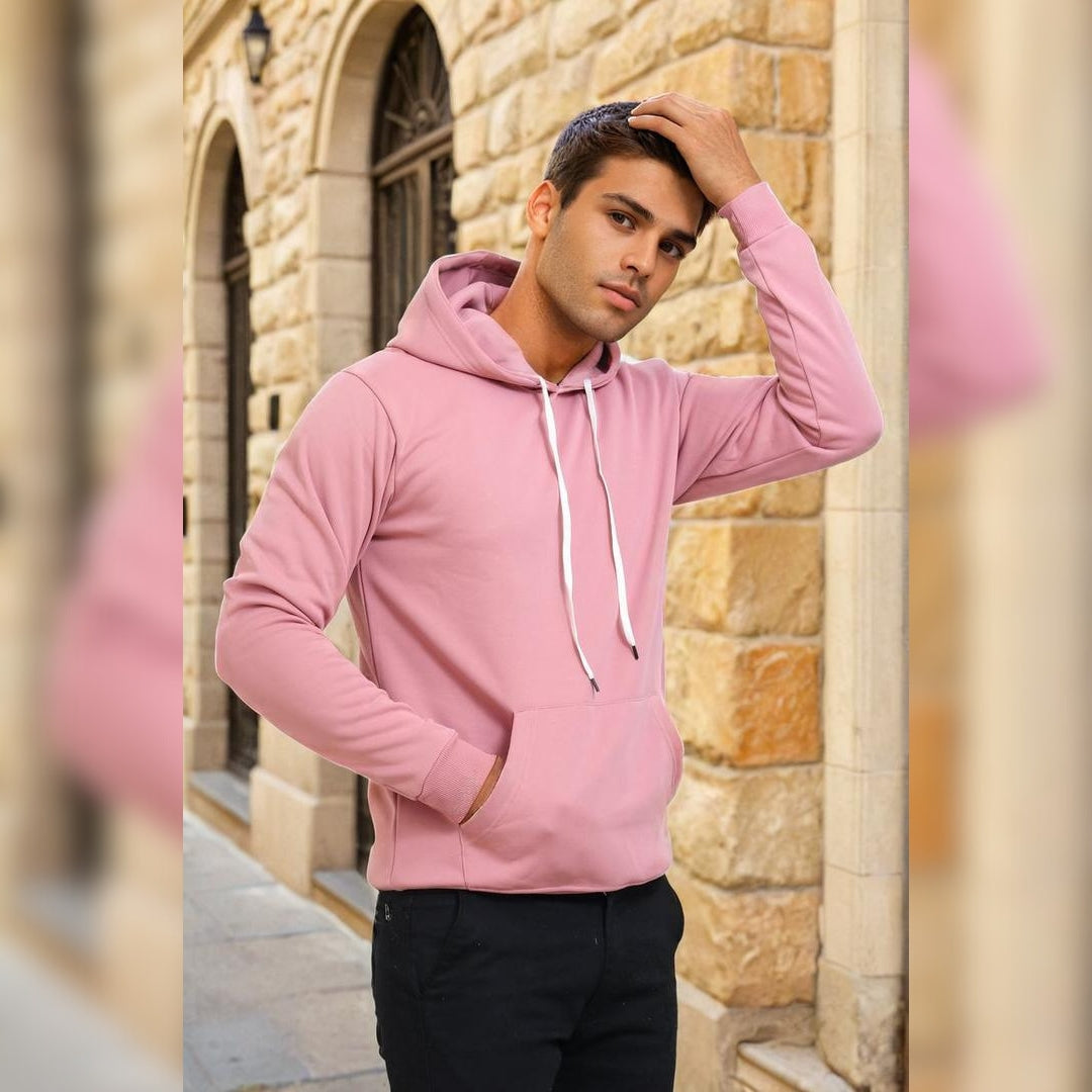 Men Solid Regular Fit Hoodie Pink