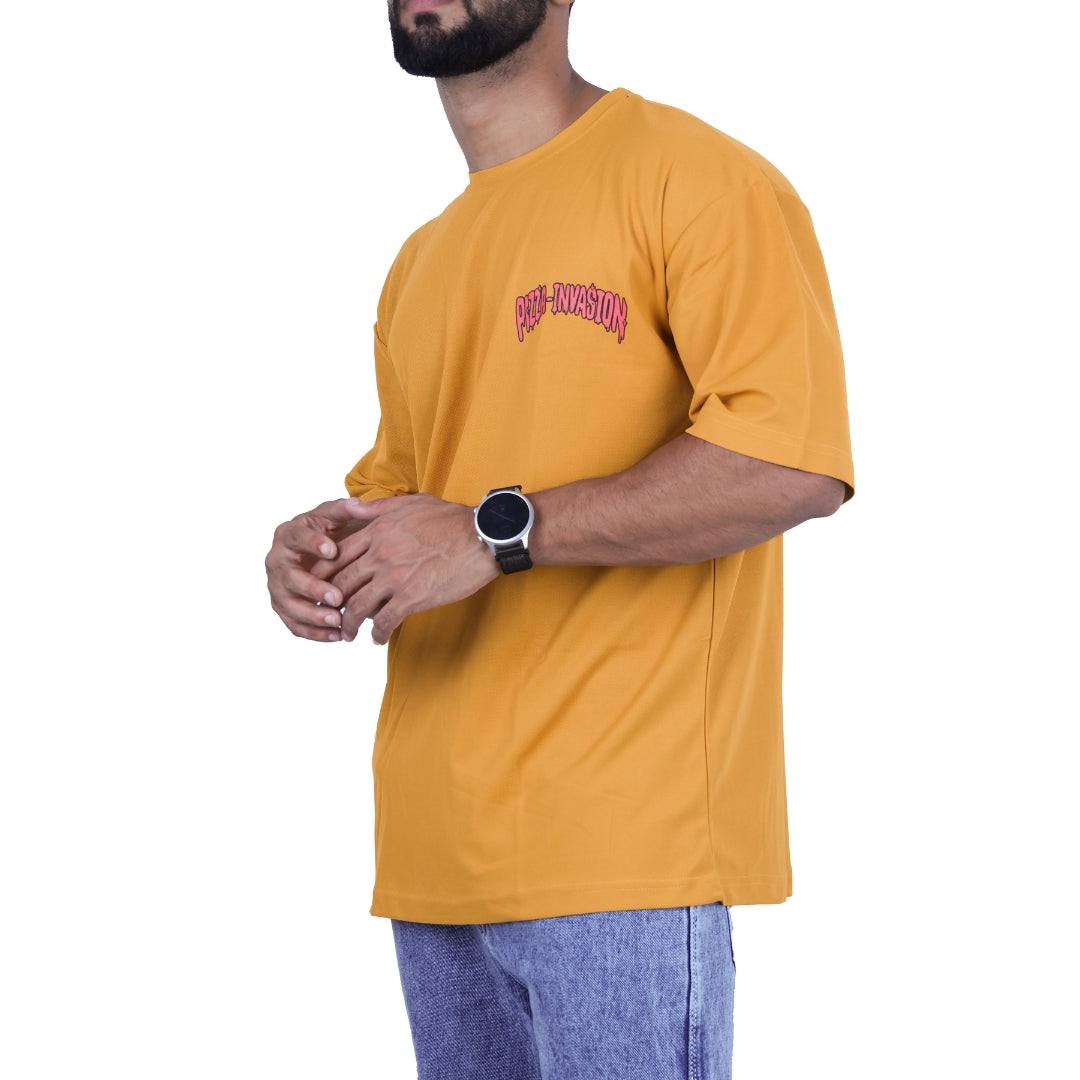 Yellow Pizza Invasion Back Print Oversized T-shirt