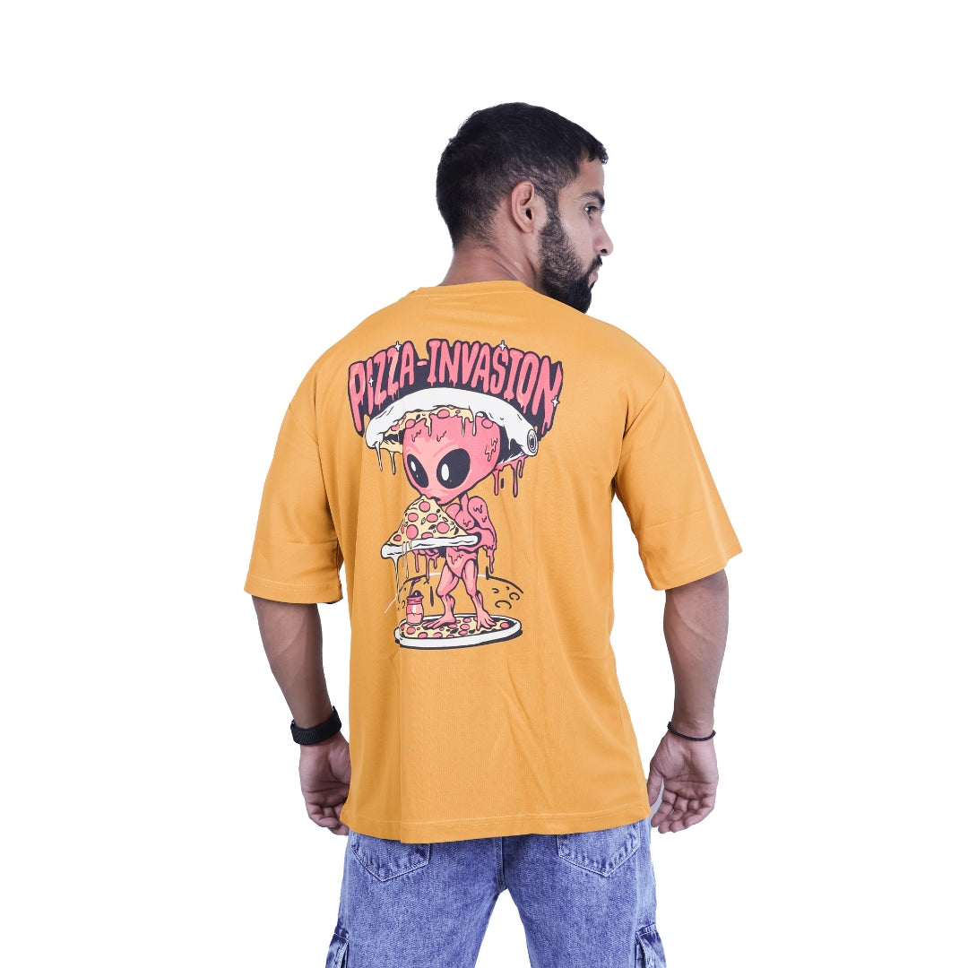 Yellow Pizza Invasion Back Print Oversized T-shirt