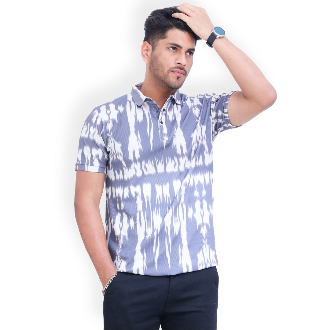 Printed 3 Button Polo T-shirt for Men Grey