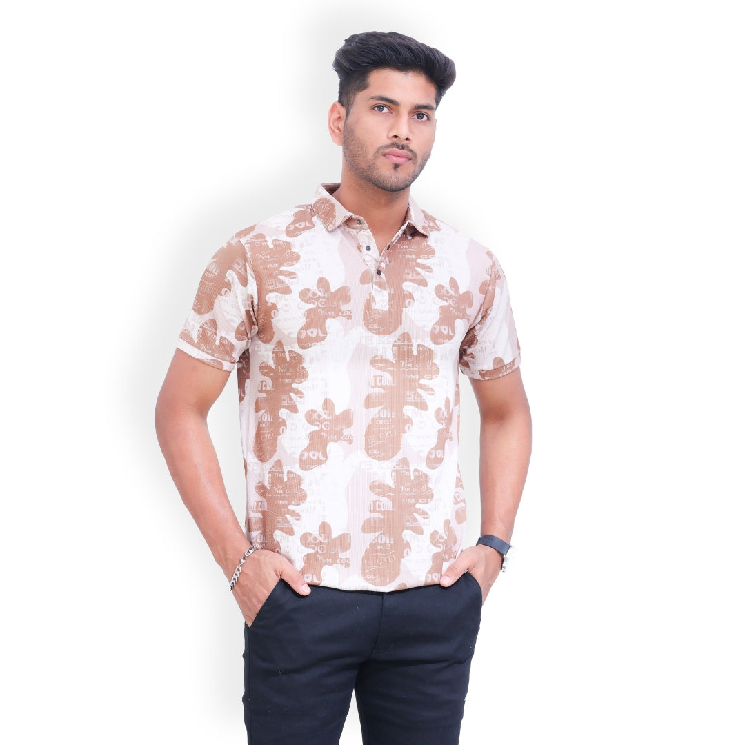 Printed 3 Button Polo T-shirt for Men Brown