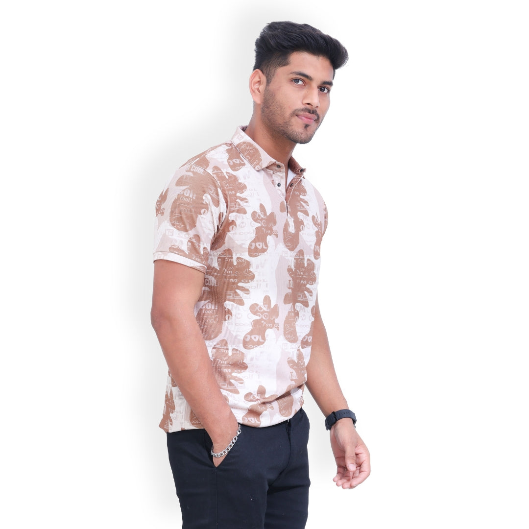Printed 3 Button Polo T-shirt for Men Brown