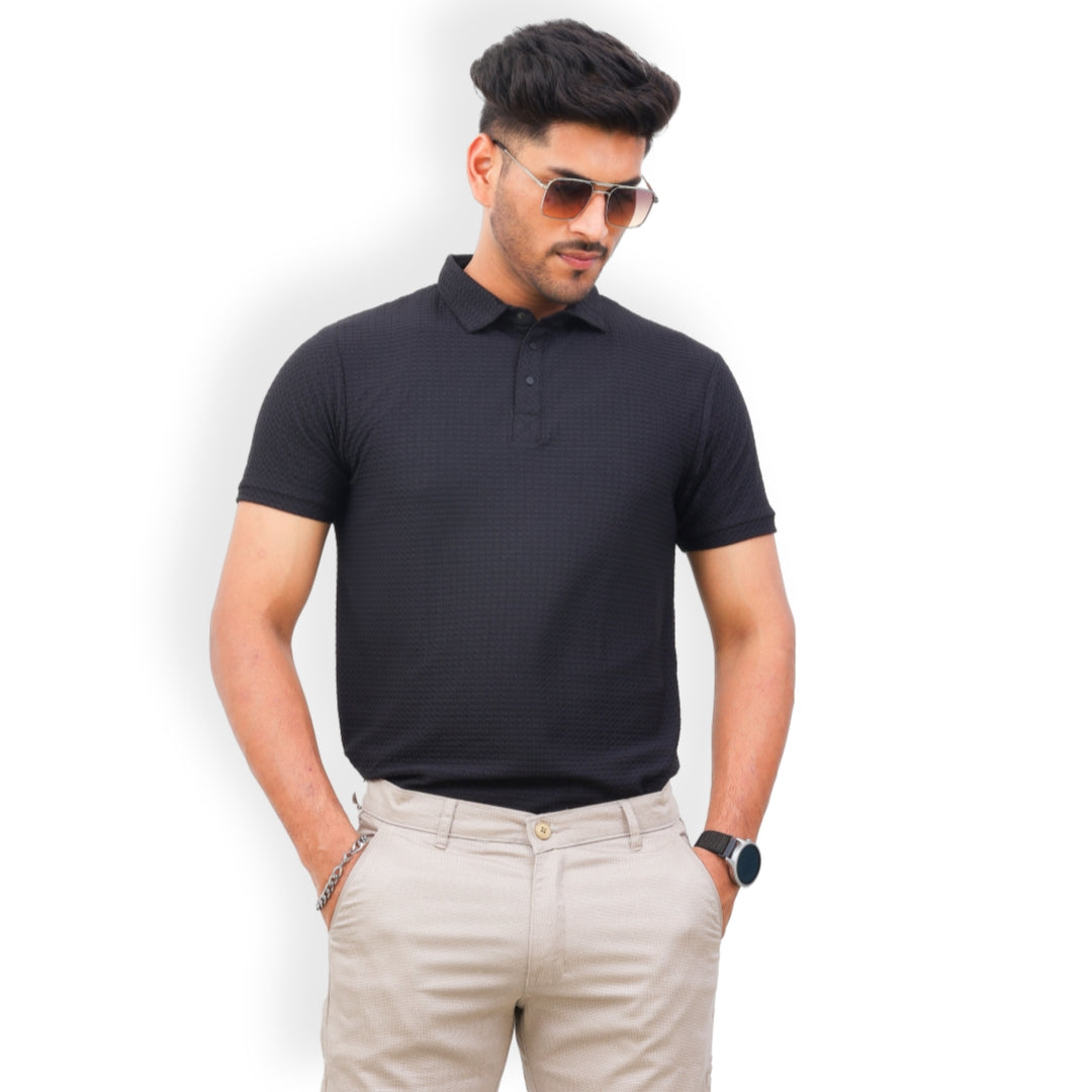 Textured Polo T-shirt for Men Black