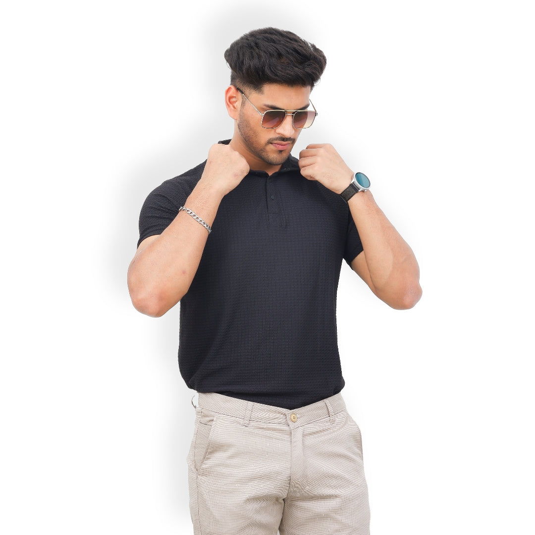 Textured Polo T-shirt for Men Black