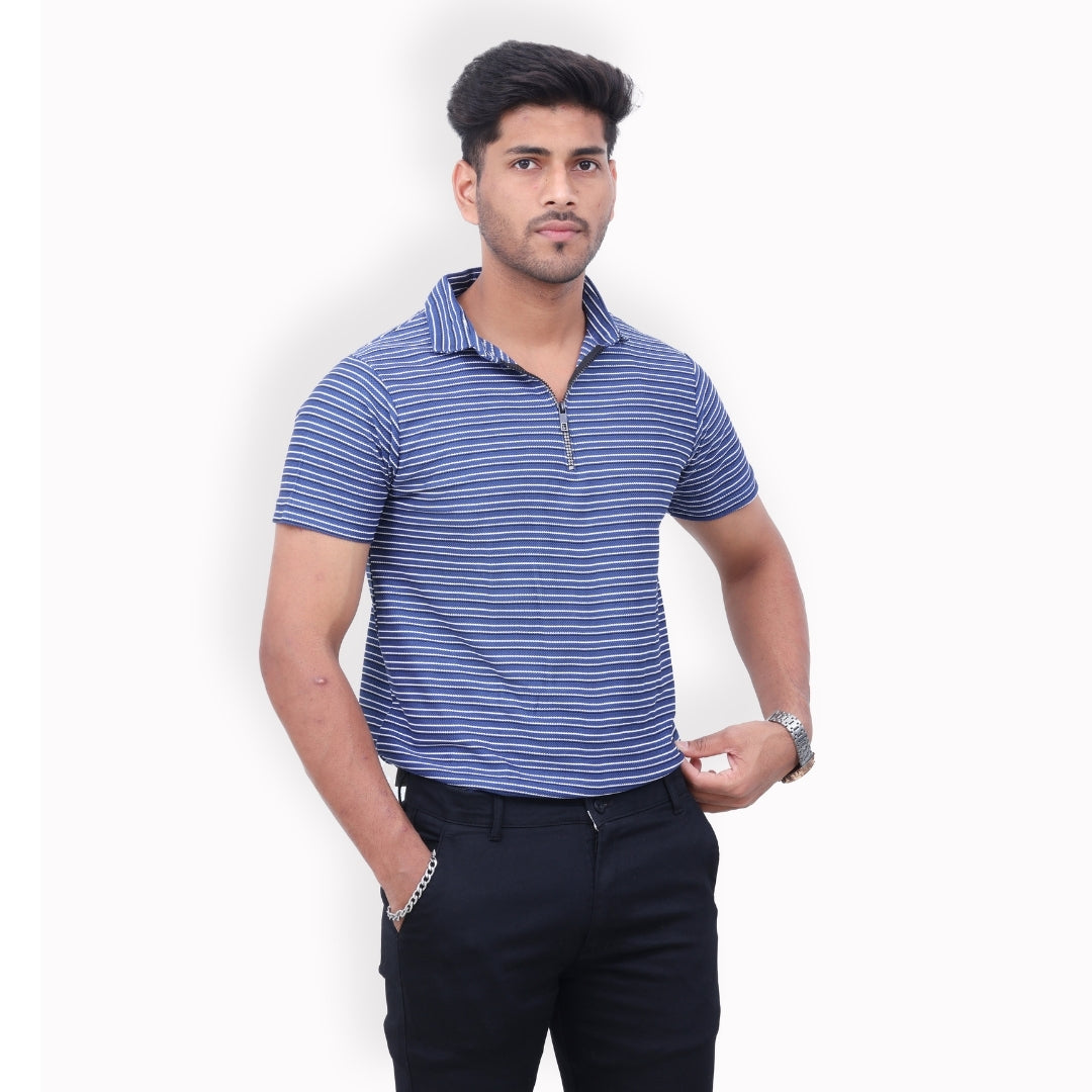 Men Half Zipper Polo T-Shirt Half Sleeves Blue