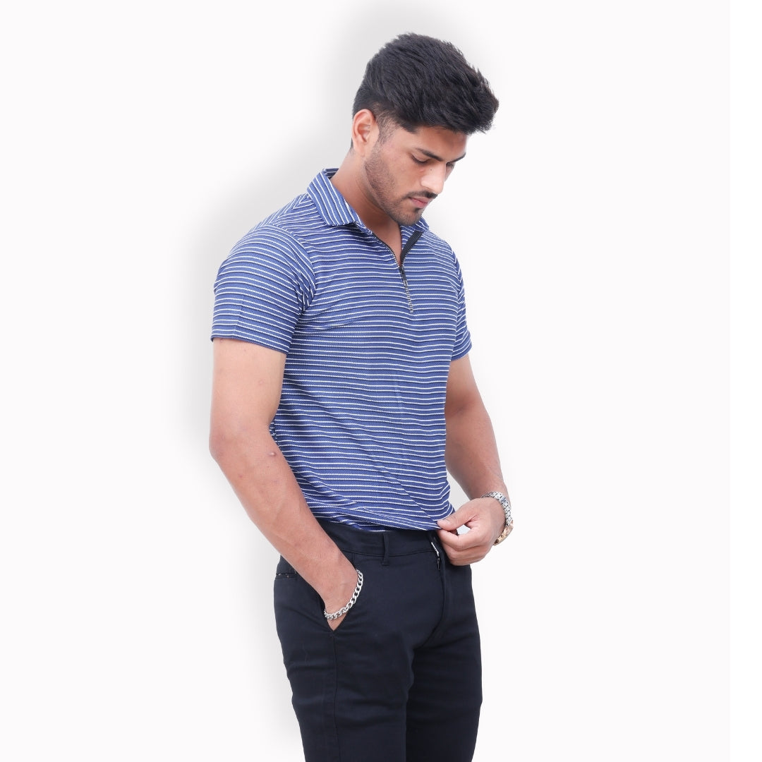 Men Half Zipper Polo T-Shirt Half Sleeves Blue