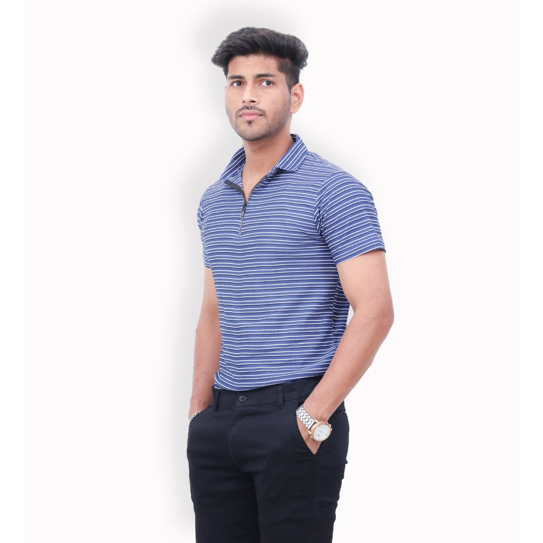Men Half Zipper Polo T-Shirt Half Sleeves Blue
