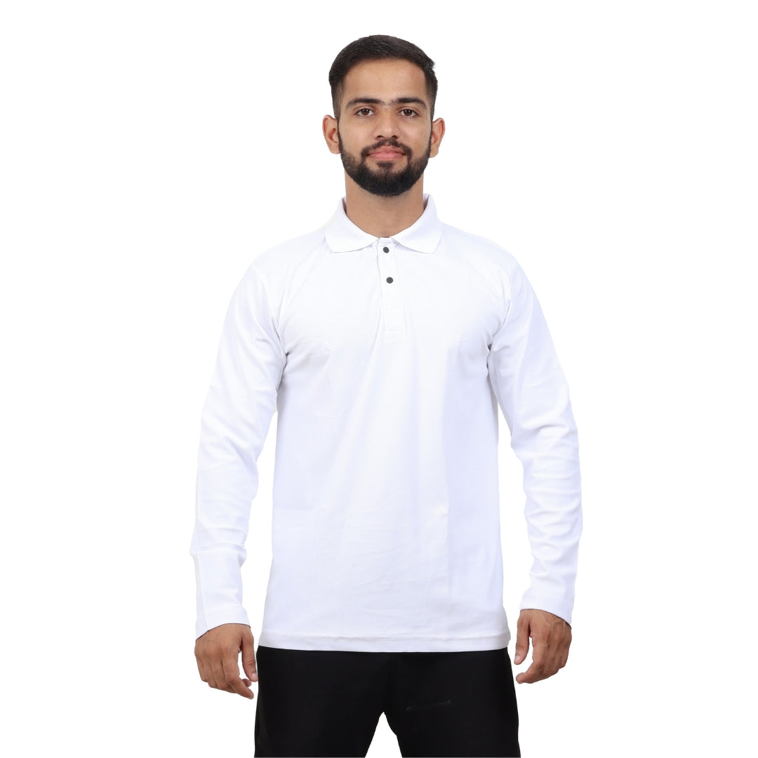 Men Polo T-Shirt Full Sleeves White