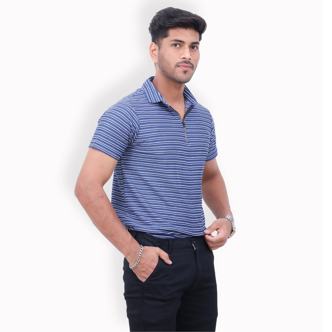 Men Half Zipper Polo T-Shirt Half Sleeves Blue