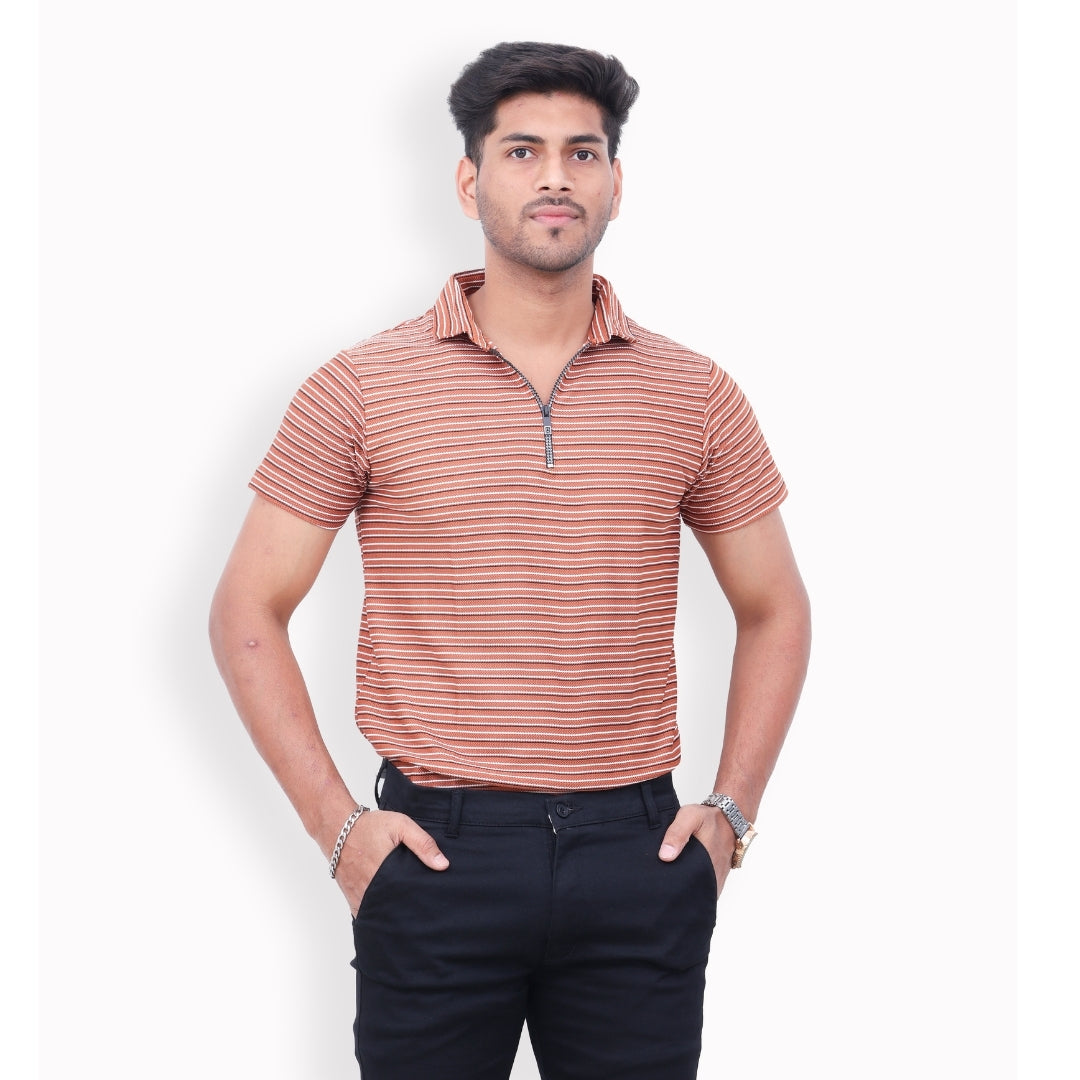 Men Half Zipper Polo T-Shirt Half Sleeves Orange