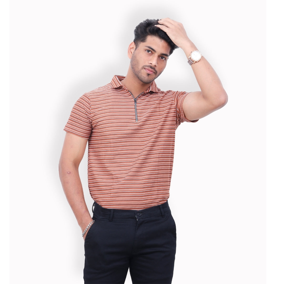 Men Half Zipper Polo T-Shirt Half Sleeves Orange