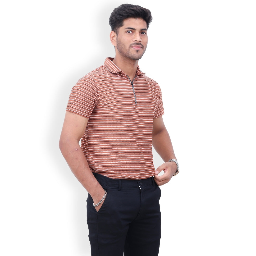 Men Half Zipper Polo T-Shirt Half Sleeves Orange