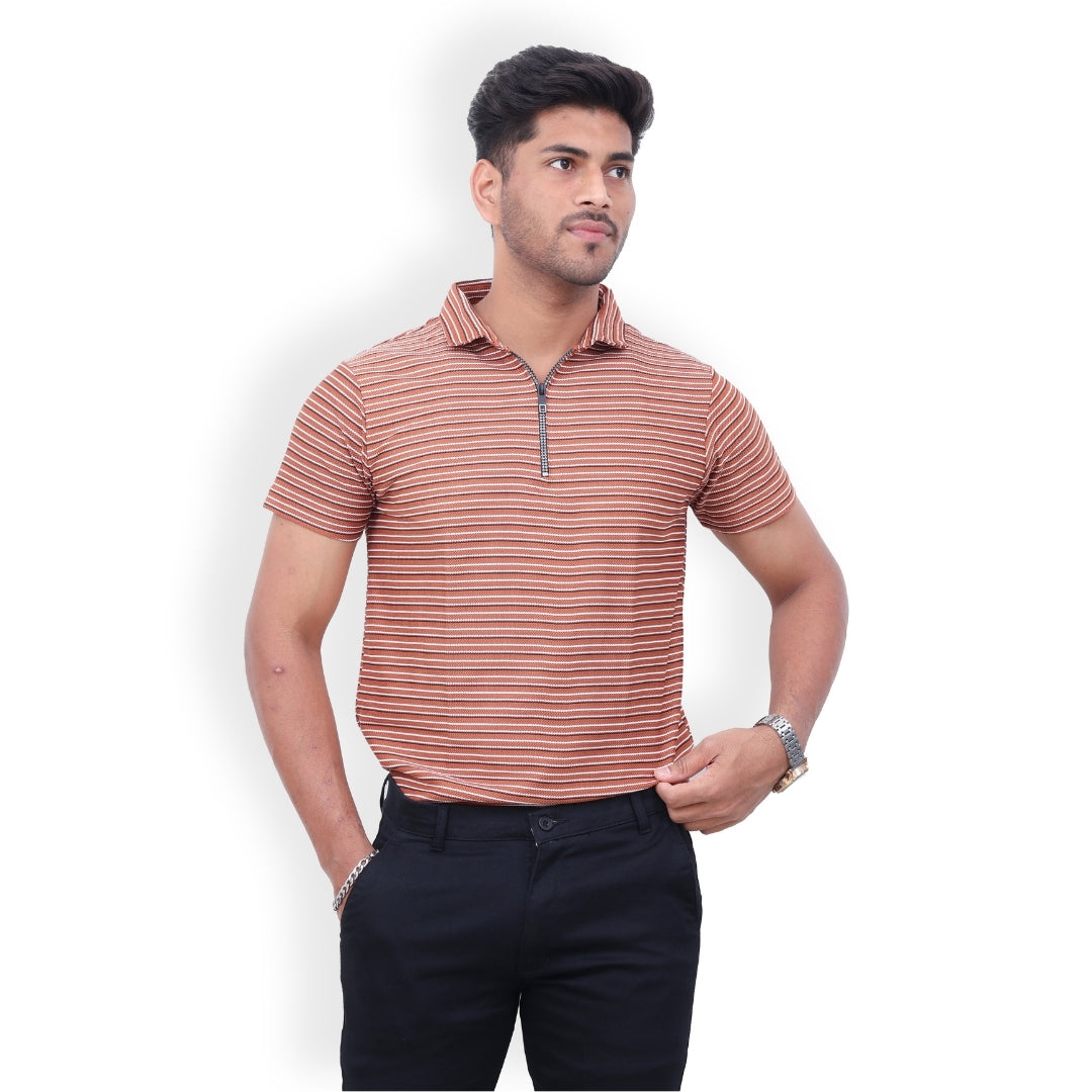 Men Half Zipper Polo T-Shirt Half Sleeves Orange