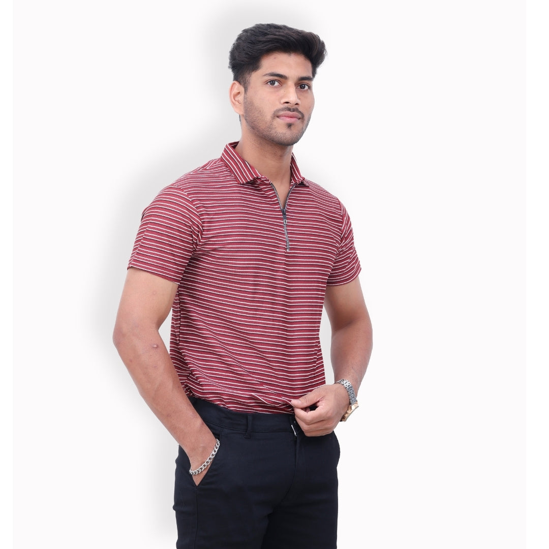 Men Half Zipper Polo T-Shirt Half Sleeves Red