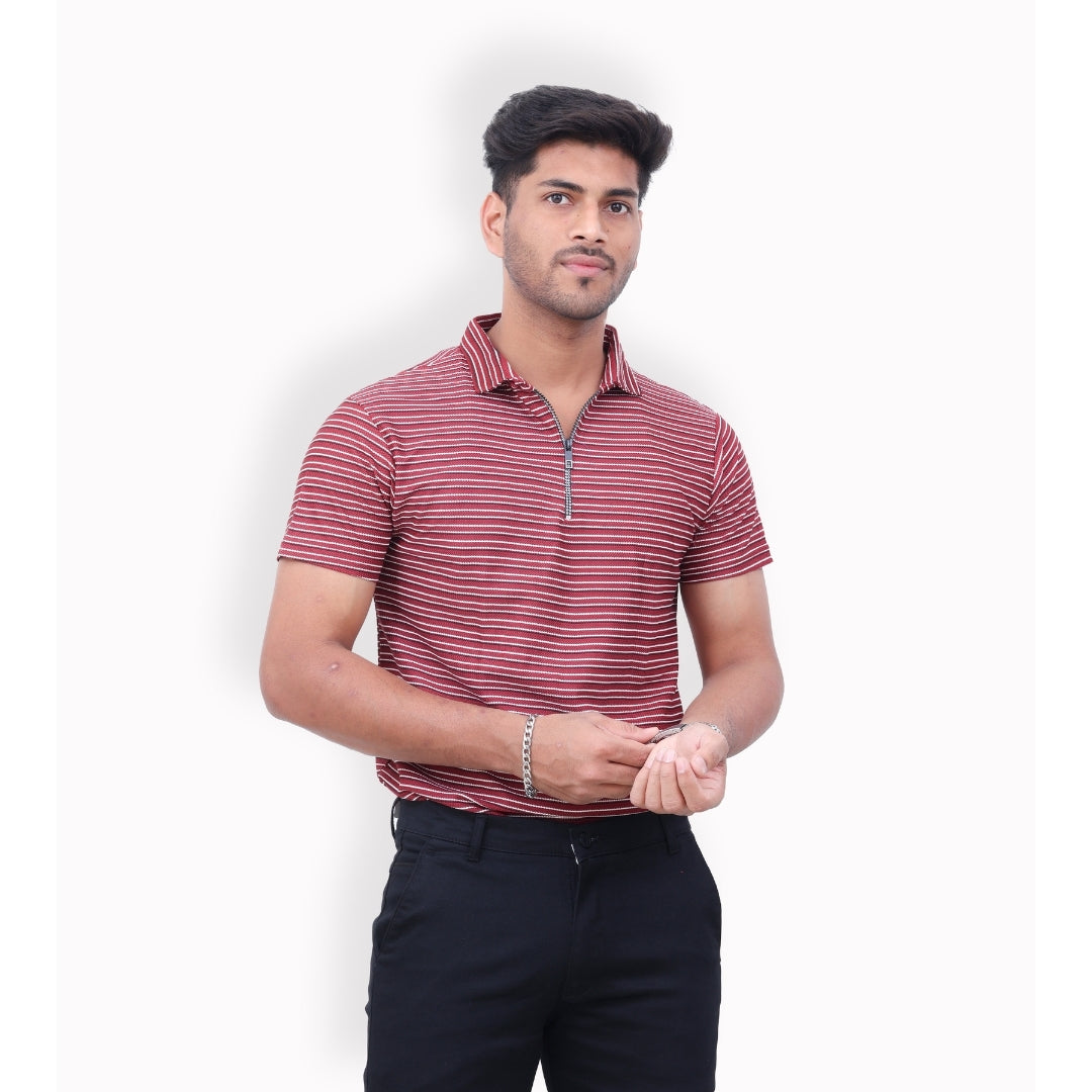 Men Half Zipper Polo T-Shirt Half Sleeves Red