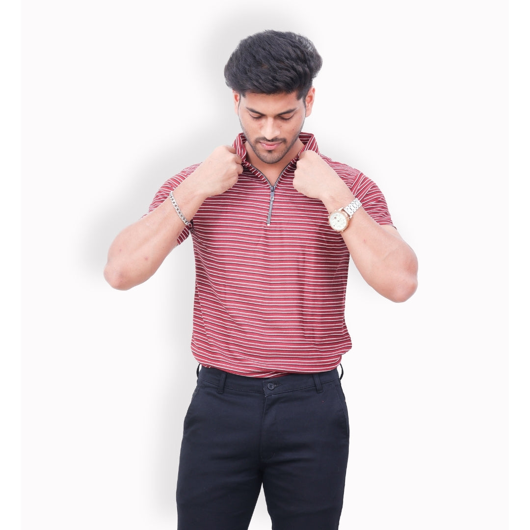 Men Half Zipper Polo T-Shirt Half Sleeves Red