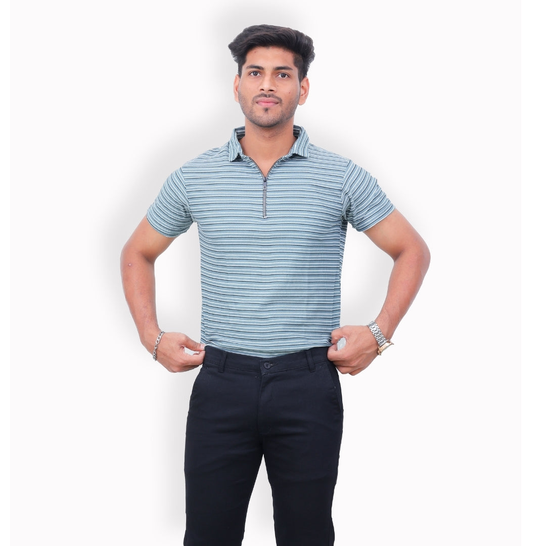 Men Half Zipper Polo T-Shirt Half Sleeves Green