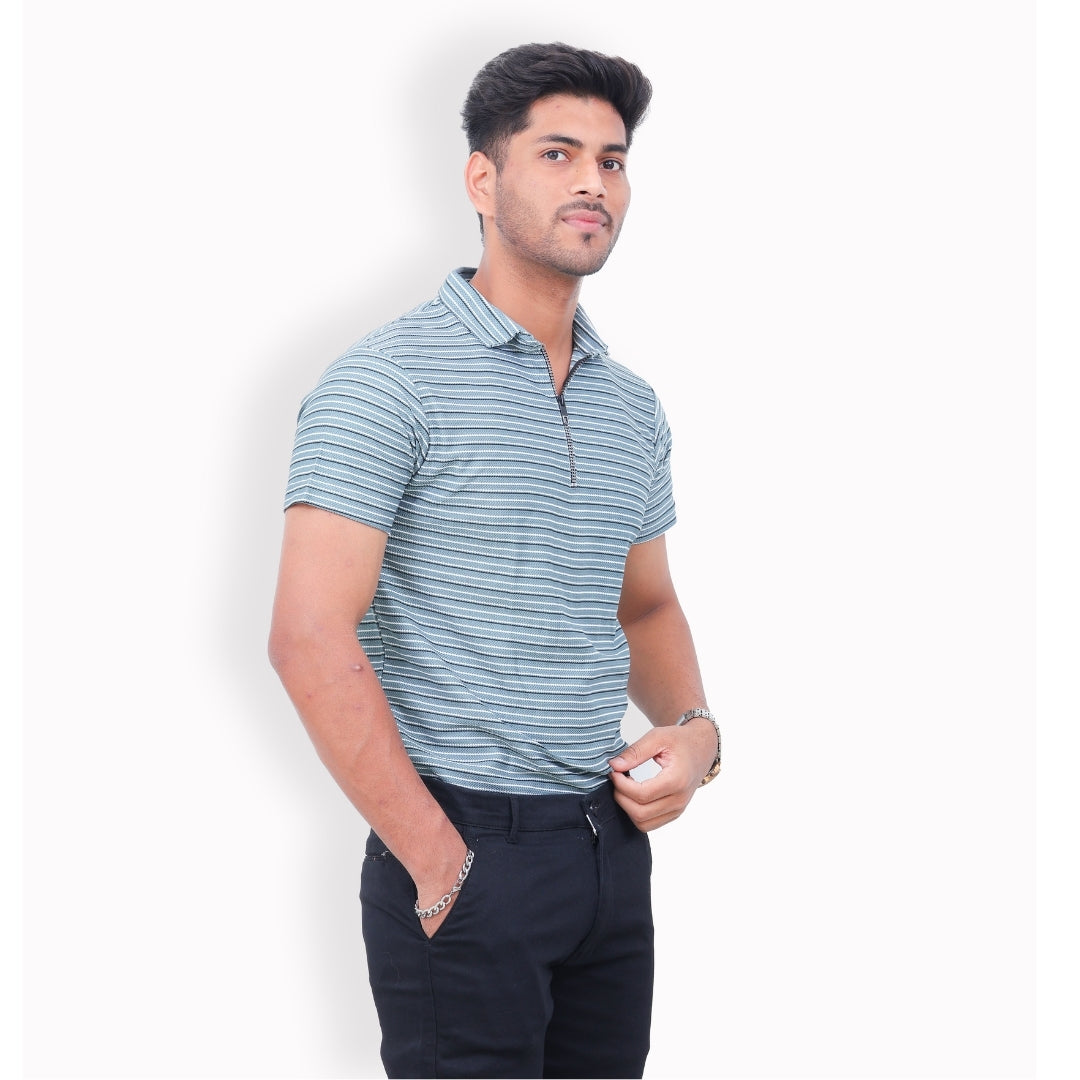 Men Half Zipper Polo T-Shirt Half Sleeves Green