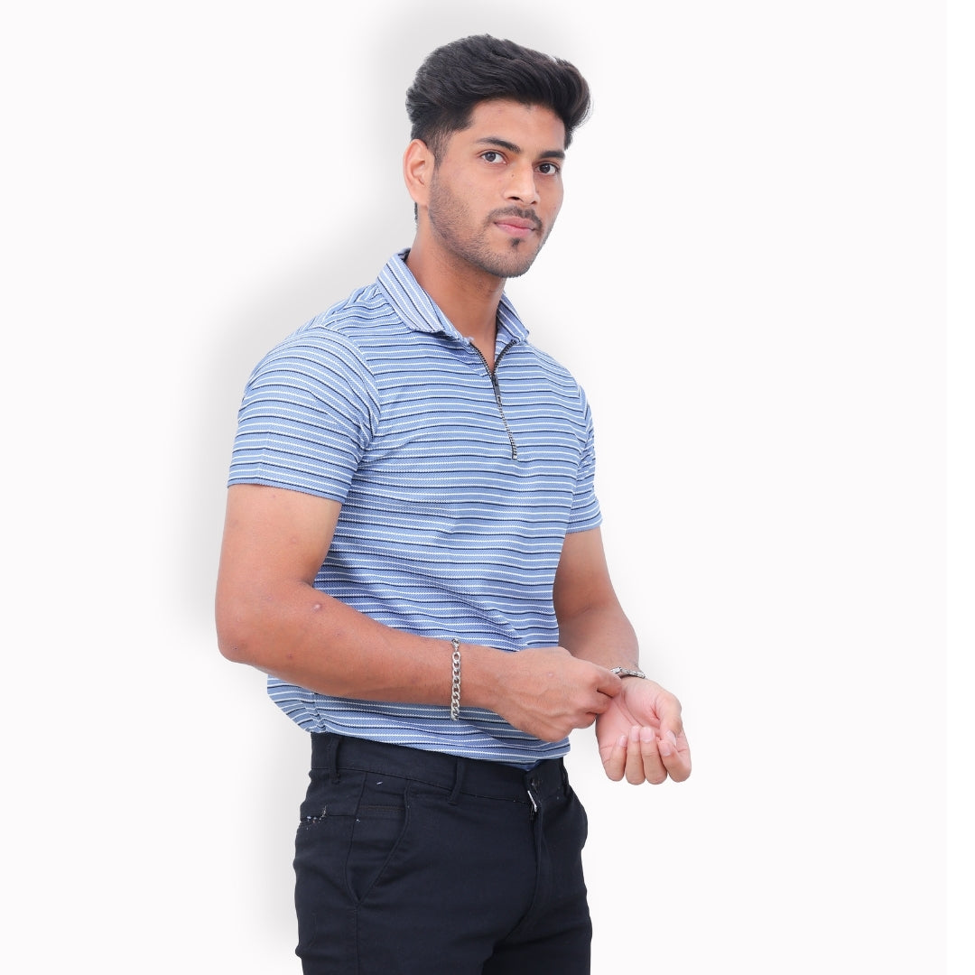 Men Half Zipper Polo T-Shirt Half Sleeves Sky