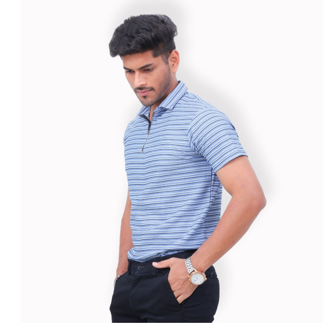 Men Half Zipper Polo T-Shirt Half Sleeves Sky