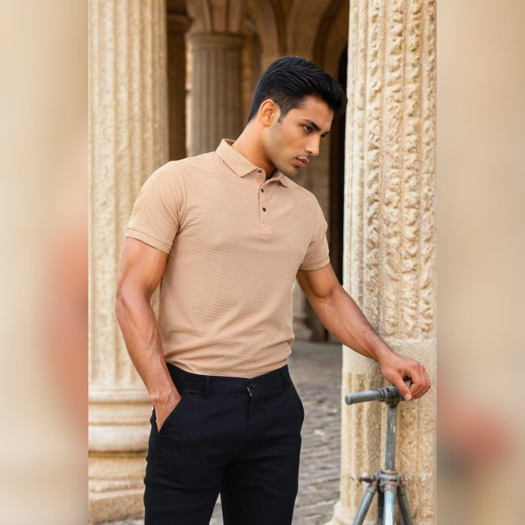 Textured Polo T-shirt for Men Beige