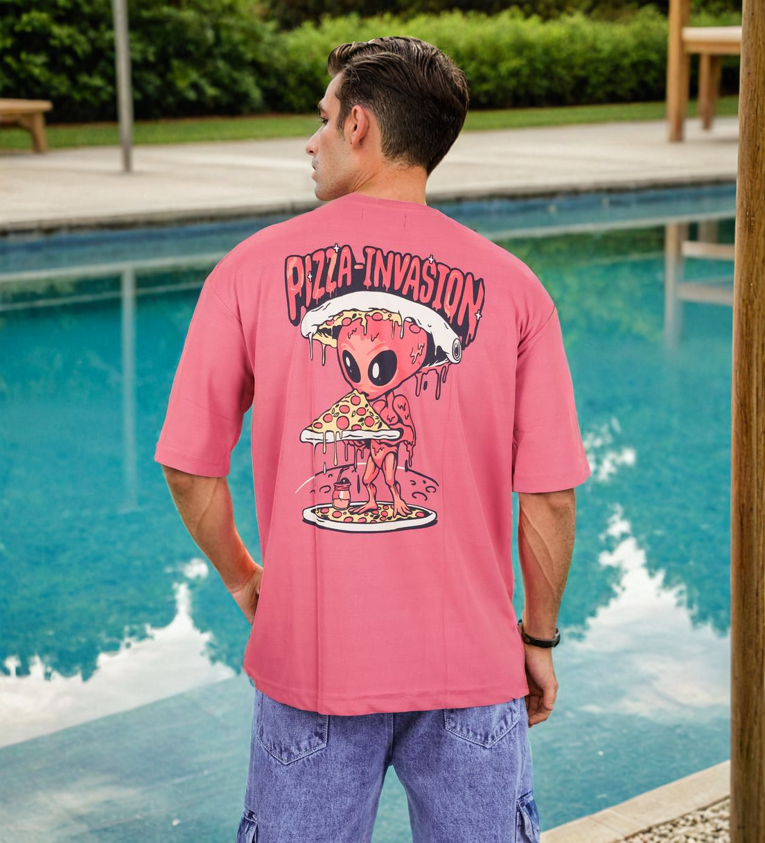 Pizza Invasion Back Print Oversized T-shirt Pink