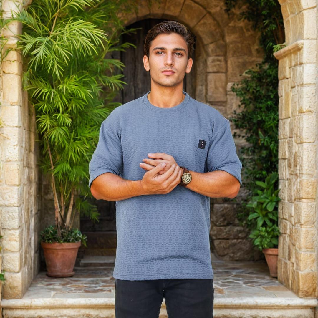 Men Textured oversized T-shirt Blue