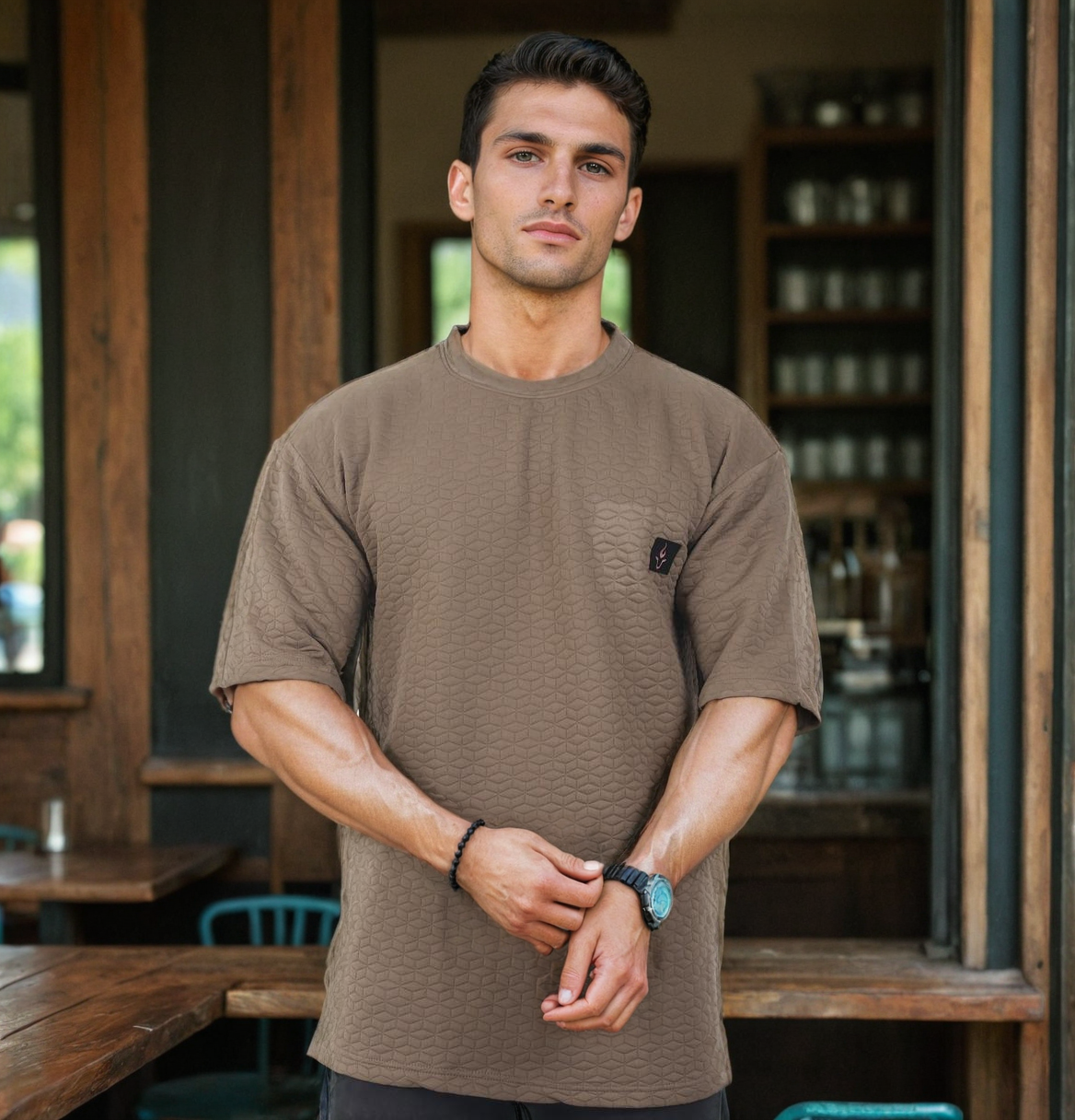 Men Textured oversized T-shirt Brown