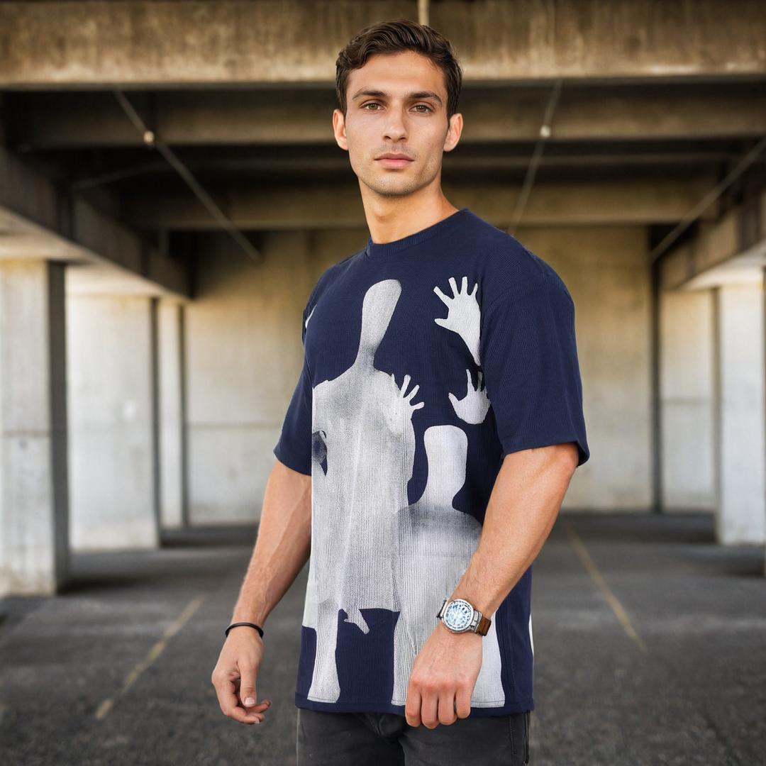 Men Textured Printed Oversized T-shirt Navy