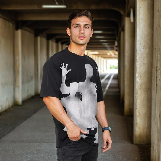 Men Textured Printed Oversized T-shirt Black