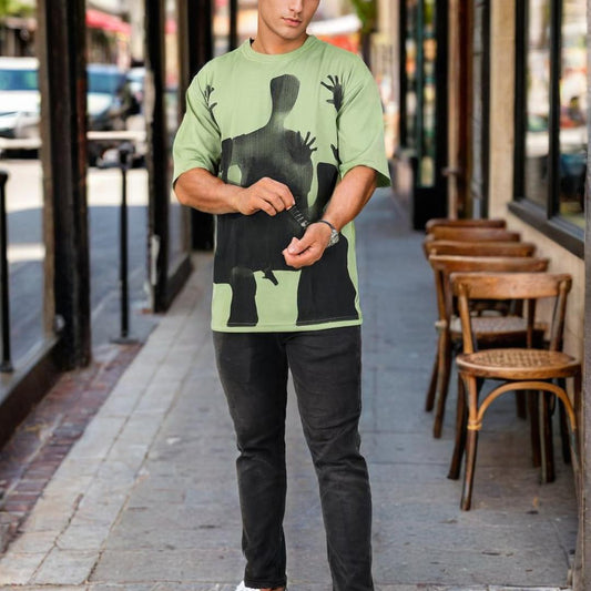 Men Textured Printed Oversized T-shirt Green