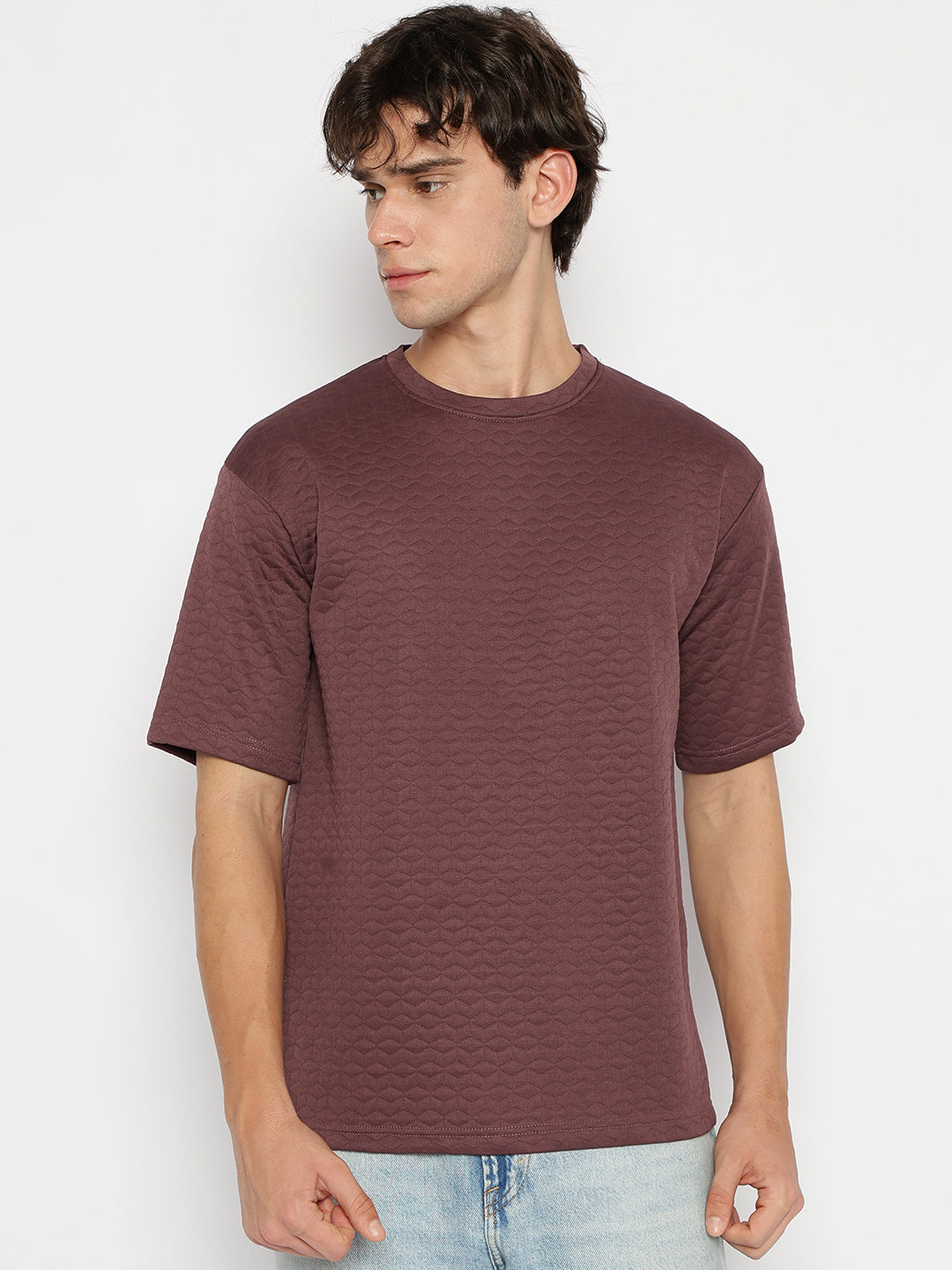 Men Textured oversized T-shirt Wine