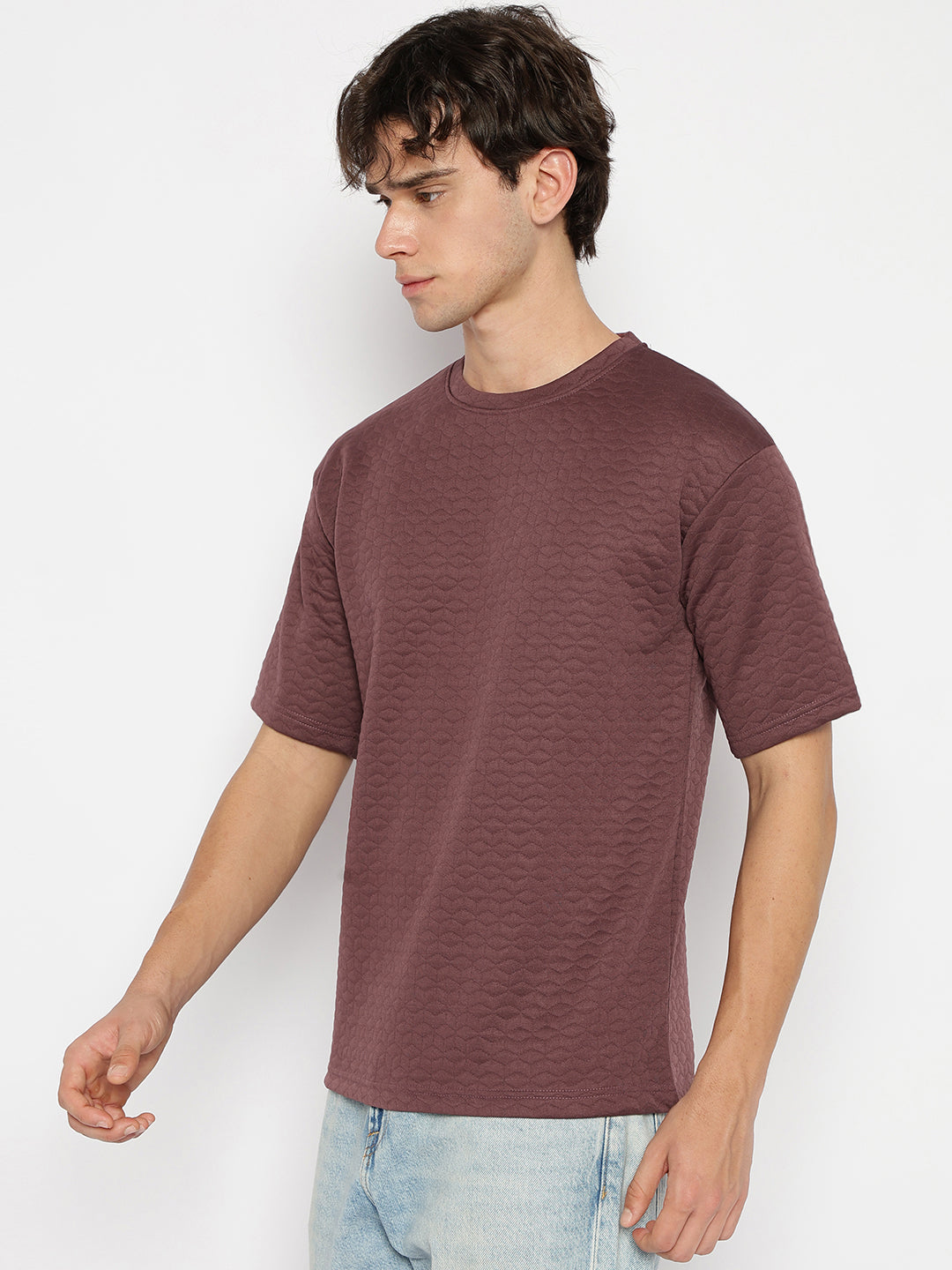 Men Textured oversized T-shirt Wine