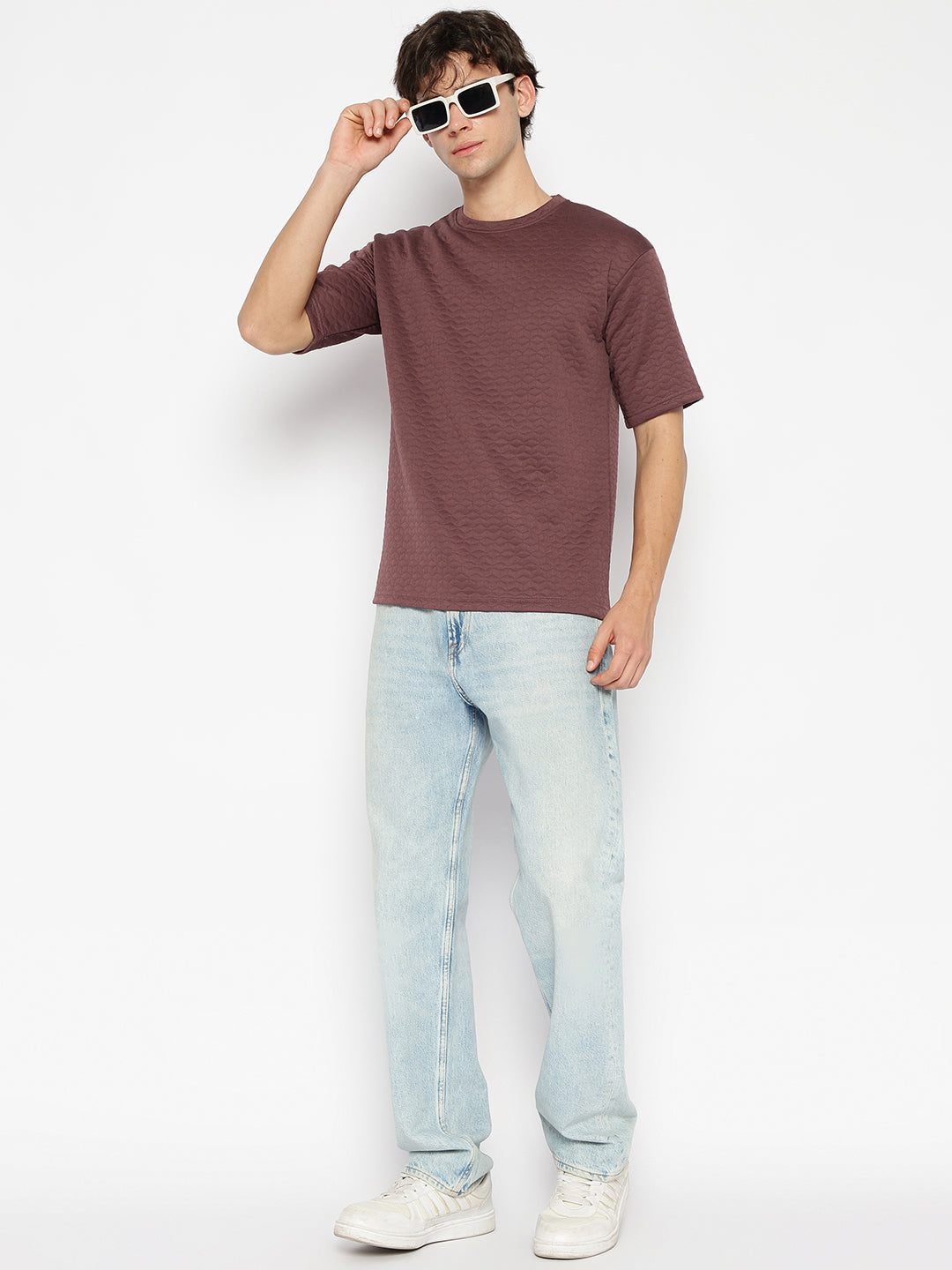 Men Textured oversized T-shirt Wine