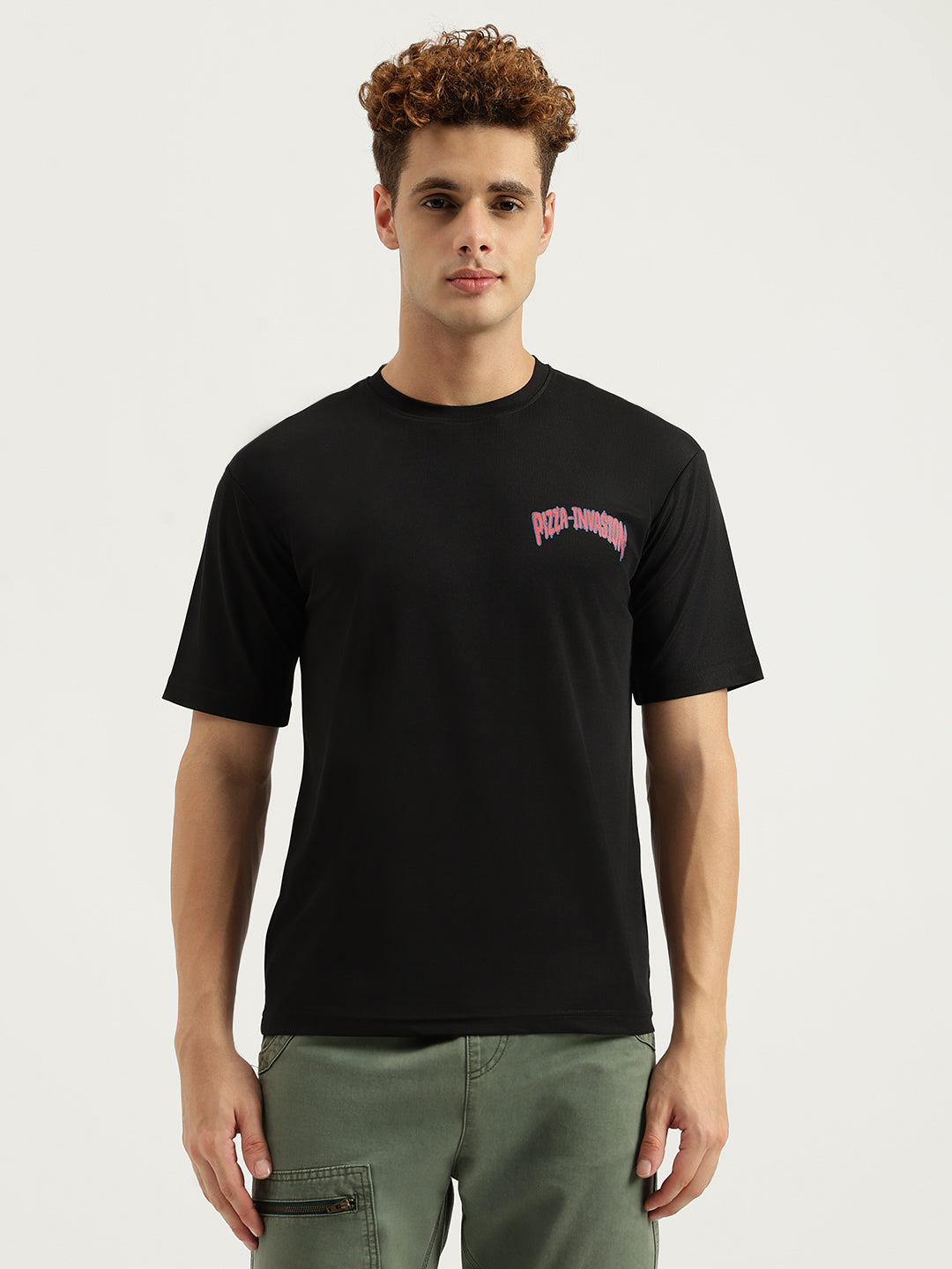 Black Pizza Invasion Back Print Oversized T-shirt