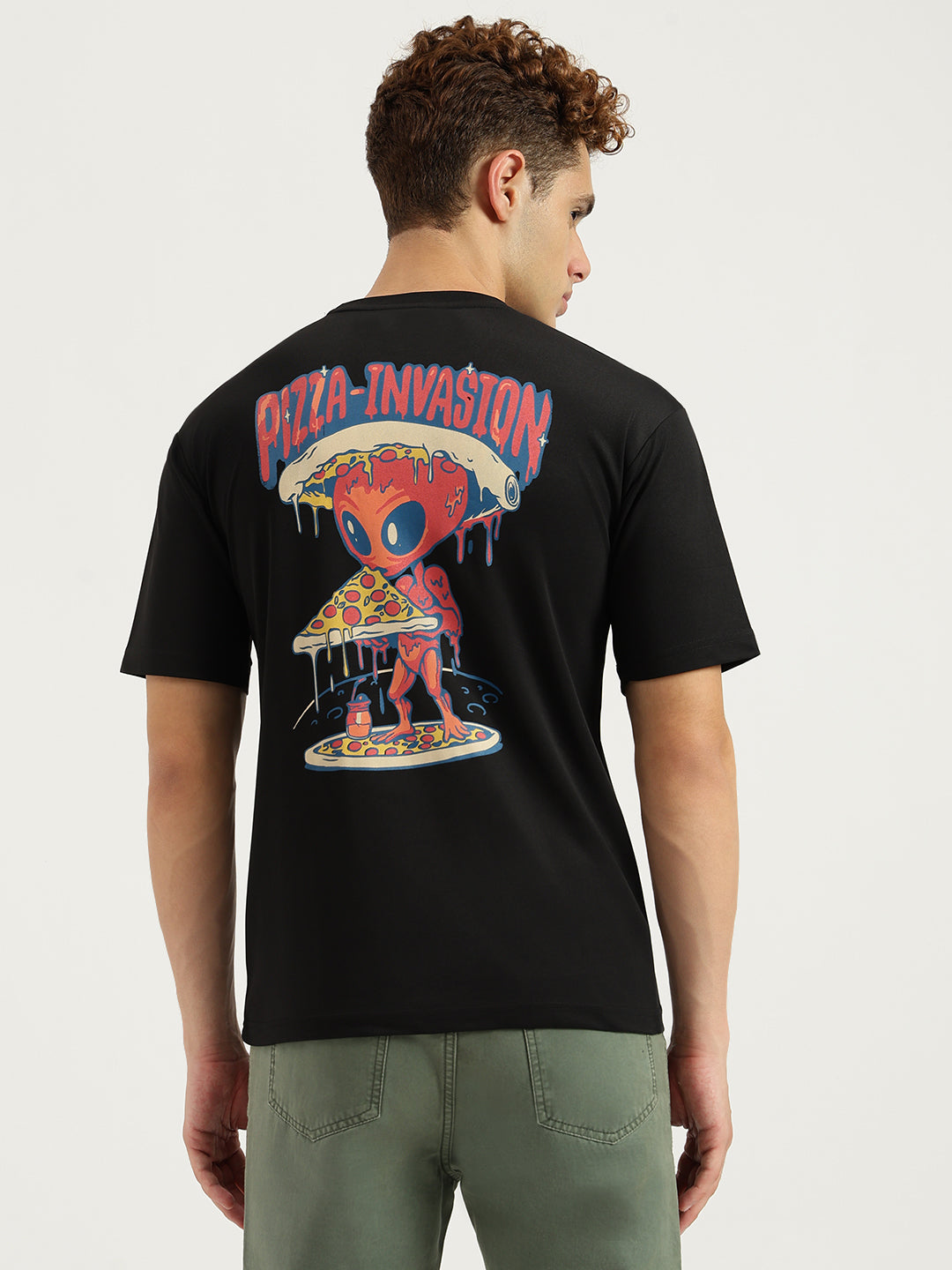 Black Pizza Invasion Back Print Oversized T-shirt