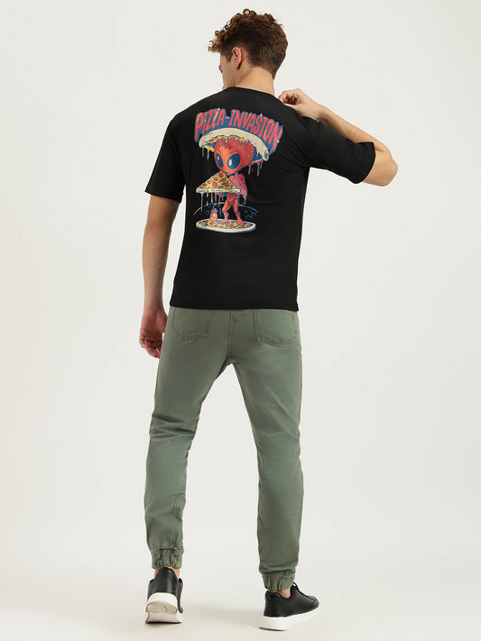 Black Pizza Invasion Back Print Oversized T-shirt