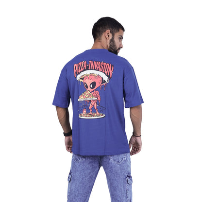 Blue Pizza Invasion Back Print Oversized T-shirt