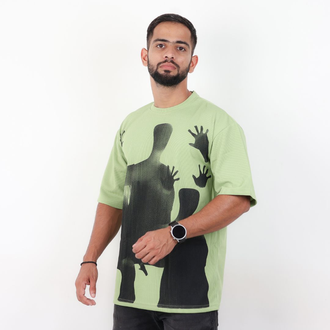 Men Textured Printed Oversized T-shirt Green