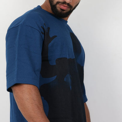 Men Textured Printed Oversized T-shirt Blue