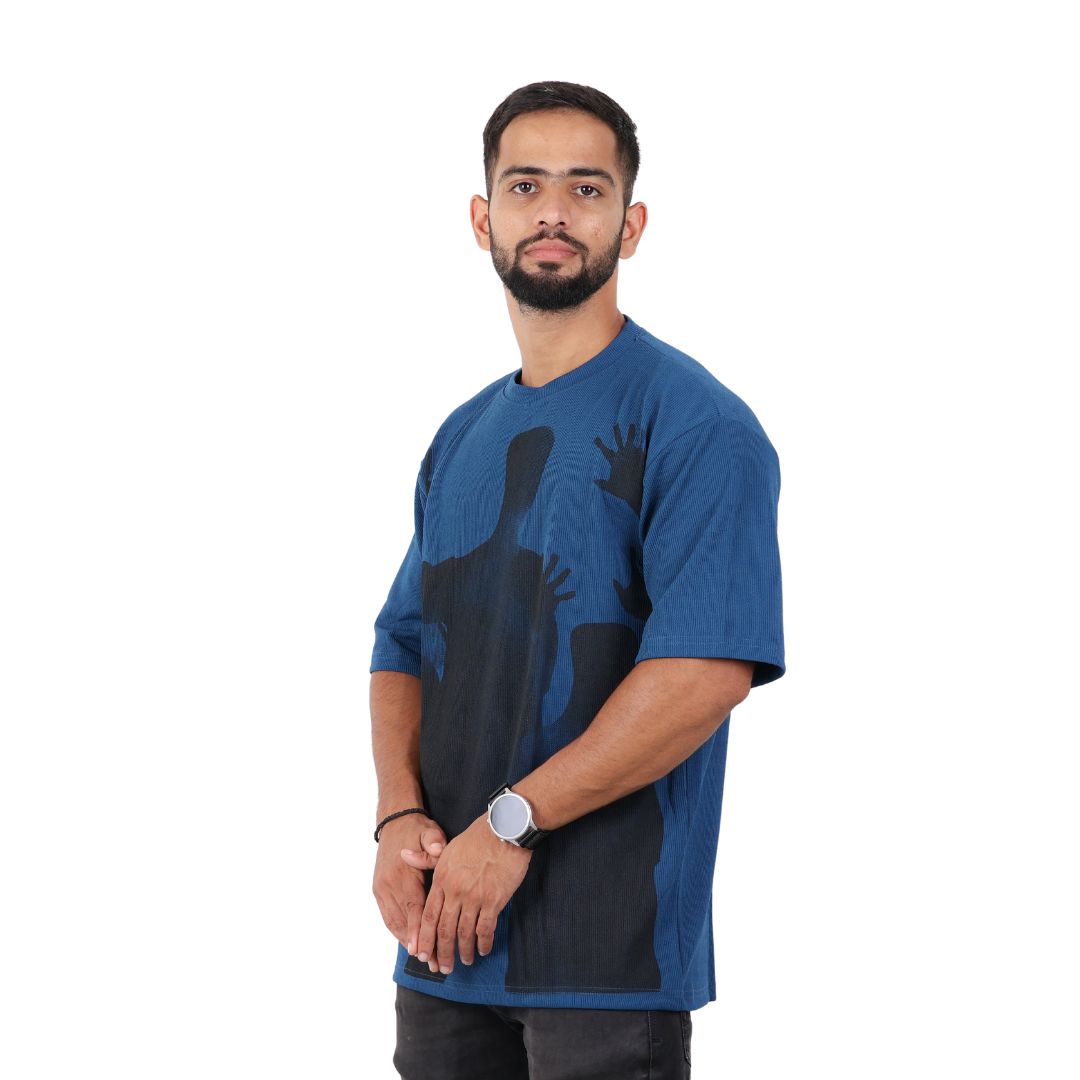 Men Textured Printed Oversized T-shirt Blue