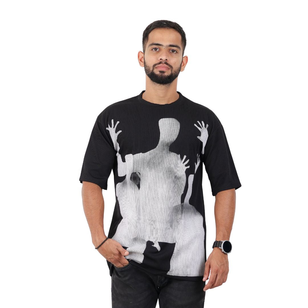 Men Textured Printed Oversized T-shirt Black
